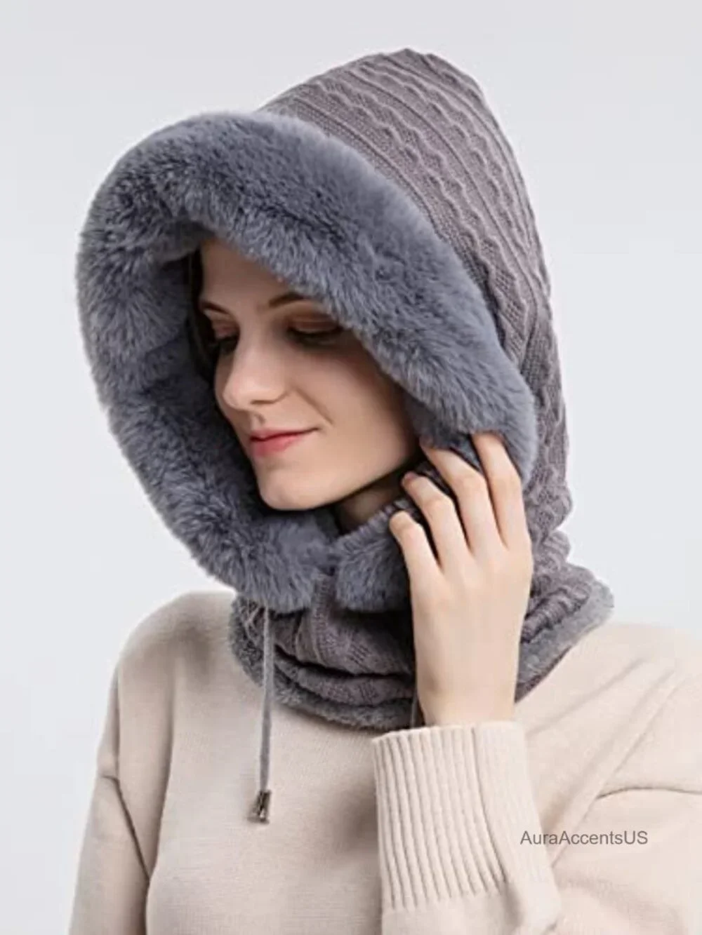 Winter Faux Fur Balaclava Beanie Scarf Mask 3-in-1 Knitted Pullover